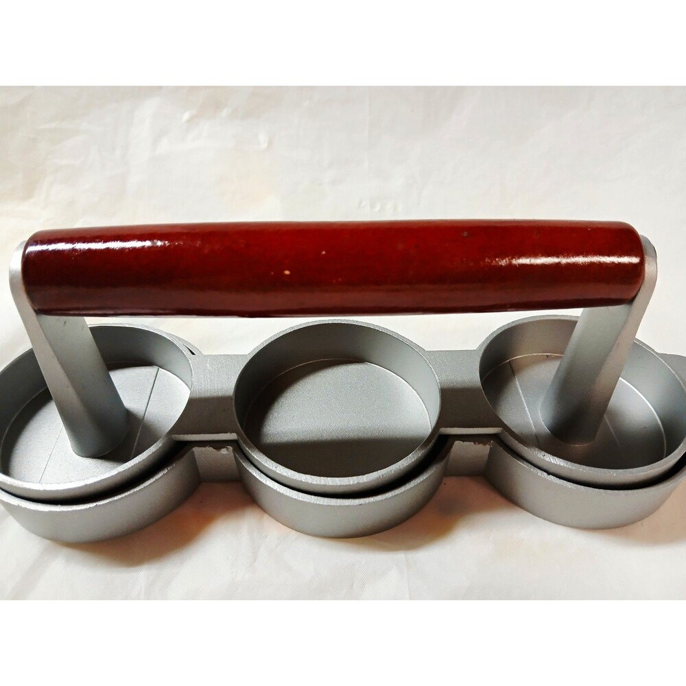 3-Hole Non-Stick Cast Aluminum Burger Press w/ Wood Handle, 2.8 in Silver